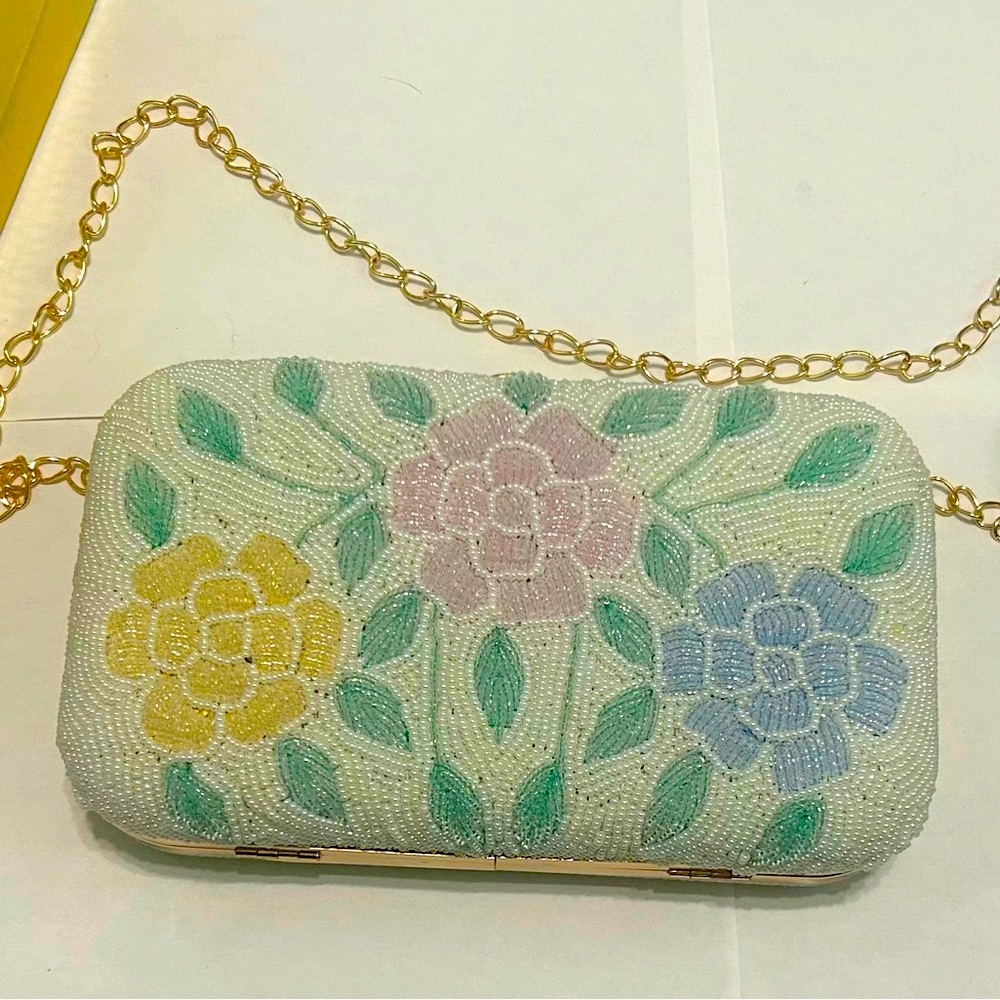 Floral Hand Embroidered Removable Chain Purse and Clutch